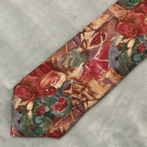 Ermenegildo Zegna Silk Tie Italy Red Brown‎ Green Abstract Art Design 57"
